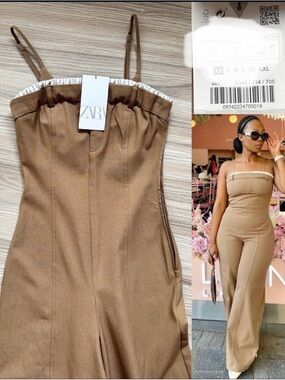 ZARA Combination long wide leg strapless jumpsuit 8342/234